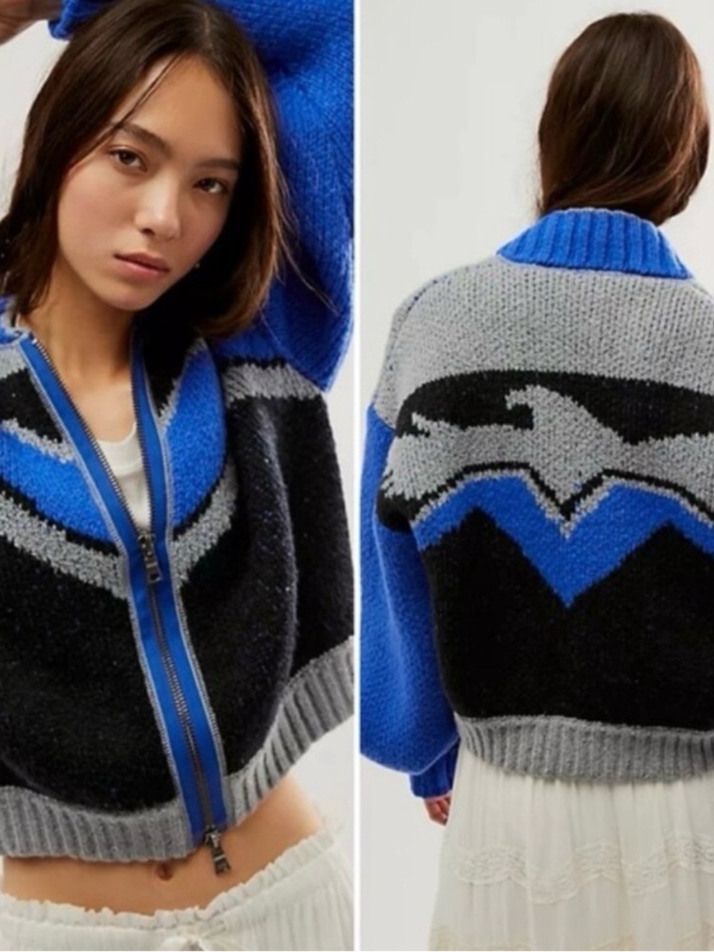 Free People FP Women’s S Thunderbird Stripe Lucky Sweater Bomber Jacket Cropped